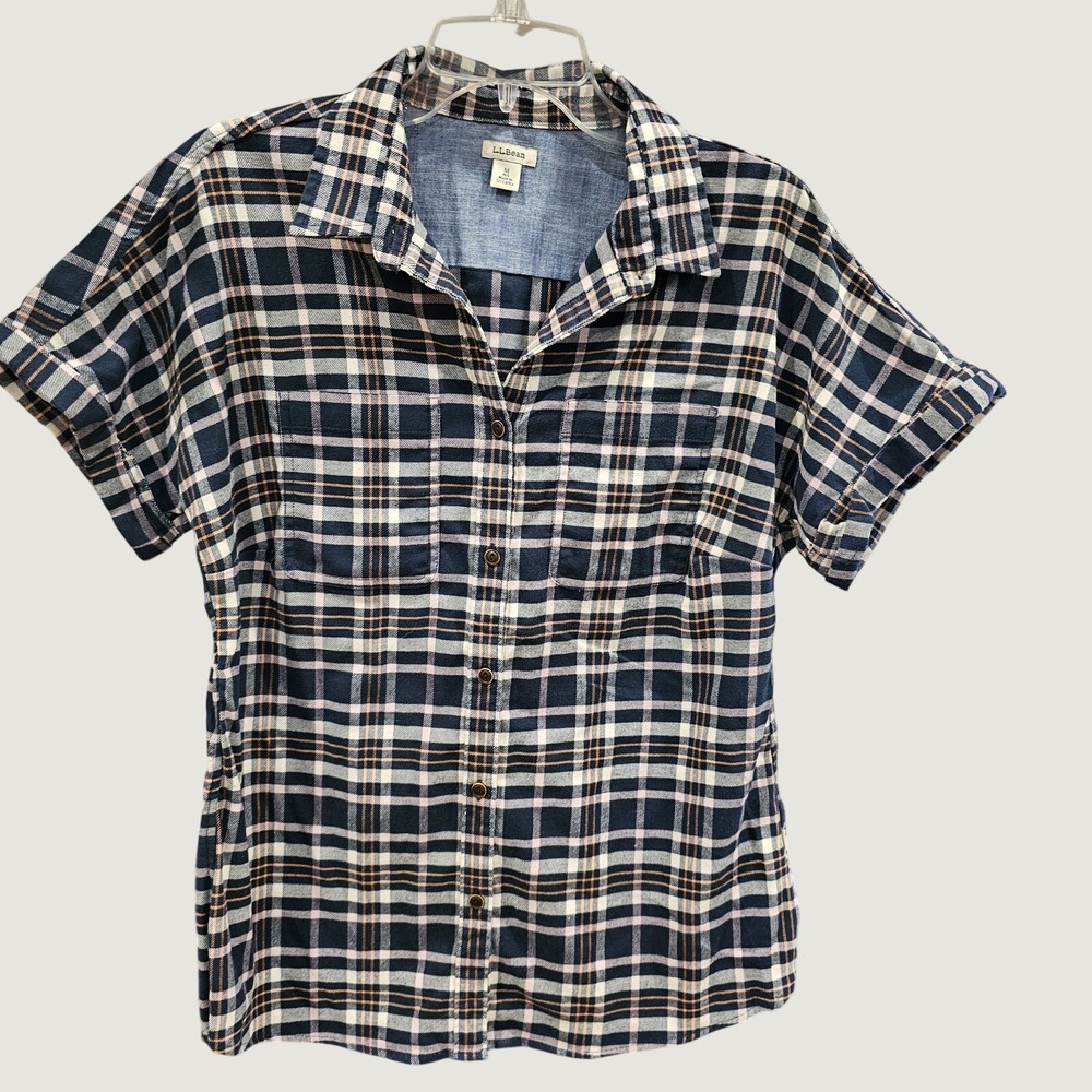LL Bean Flex All Season Short Sleeve Plaid  Women's Button Up Medium Cottagecore